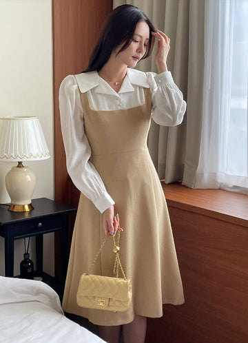 Nad Color Matching Collar Tweed Flare One Piece